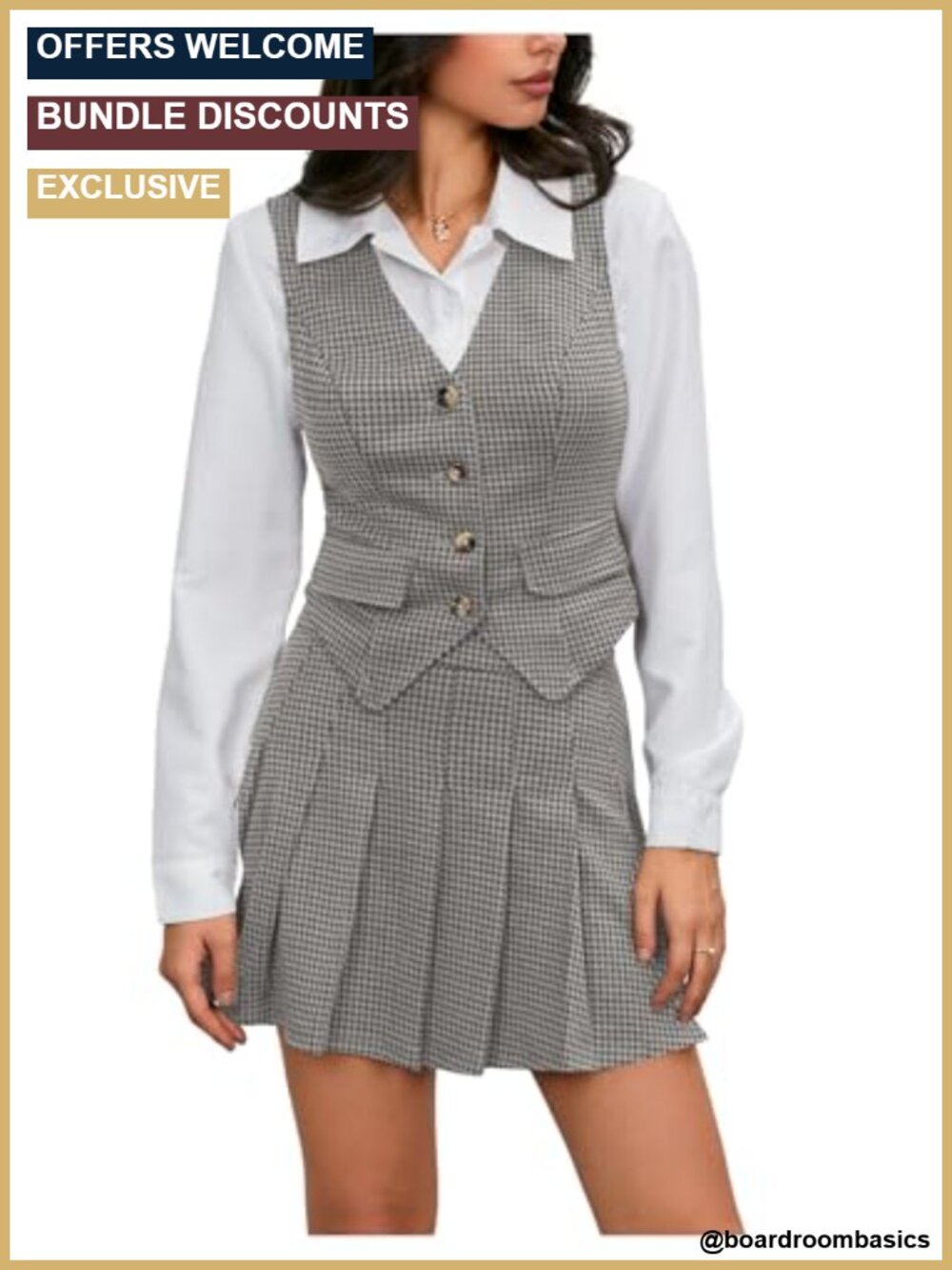 2 Piece Skirt Suit Set Pleated Mini Skirt Sleeveless Vest Plaid Business Outfit
